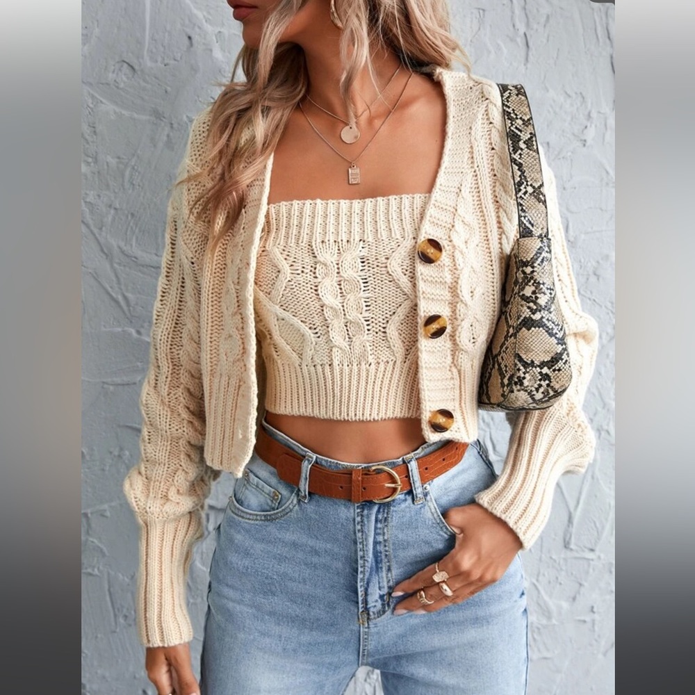 knit two piece cardigan and top